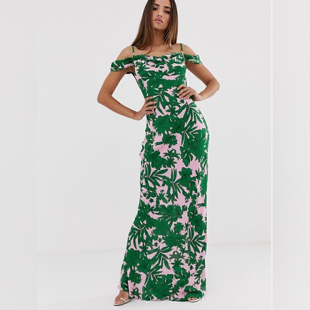 EUC Club L Tropical Print Bardot Cowl Neck Maxi Dress